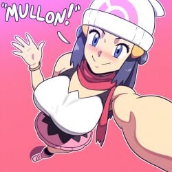 1girls ai_generated alternate_breast_size big_breasts dawn_(pokemon) dutch_angle female large_breasts mullon novelai perspective pokemon pokemon_dppt smile solo