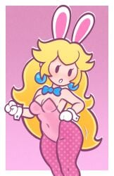 blonde_hair bowtie bunny_ears bunny_girl dot_eyes gloves jewelry long_hair luma_draws paper_mario:_the_thousand-year_door paper_peach pink_background polka_dot princess_peach