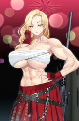 akemi_(blue_archive) bandaged_chest big_breasts blonde_hair blue_archive muscle_mommy muscles seven_prisoners_(blue_archive) six_pack slim_waist solo teaindian