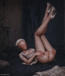 ai_generated anus ass big_ass big_breasts breasts breasts_out bubble_head_nurse clothed clothing detailed_background hat legs_up monster nipples nurse_(silent_hill) nurse_hat partially_clothed pussy silent_hill