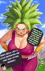 1boy 1girls ai_assisted ai_generated angry blush breasts cleavage dragon_ball dragon_ball_super dragon_ball_z english_text female female_focus hands_on_hips kefla large_breasts marlosart son_gohan text thighs wide_hips