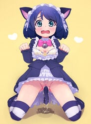 animal_ears bell blue_hair blush bow bowtie bra breasts cat_ears cat_tail curly_hair cute_fang cyan_(show_by_rock!!) cyan_hijirikawa dress embarrassed female female_masturbation frilled_dress frills full_body gothic_lolita green_eyes hayyan headdress heart kneeling lolita_fashion long_sleeves looking_at_viewer maid_headdress masturbating masturbation no_panties object_insertion open_clothes open_dress open_mouth paw_pose peeing pubic_hair pussy ringlets shoes show_by_rock!! simple_background solo striped striped_legwear tail thighhighs uncensored vaginal_object_insertion vaginal_penetration yellow_background