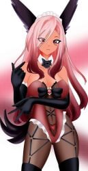 1girls breasts detached_collar elbow_gloves fox_ears fox_girl fox_tail gloves harness headdress indie_virtual_youtuber jnoble146 large_breasts leotard long_hair looking_at_viewer o-ring_harness pantyhose pink_hair pink_leotard red_eyes thighhighs trickywi virtual_youtuber