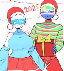 1boy 1futa :3 :d among_us among_us_reference aroused bare_shoulders blush breasts christmas christmas_hat christmas_lights christmas_outfit clothed clothing countryhumans countryhumans_oc erection_under_clothes fully_clothed futanari gay gift gift_box kak0yt0_chel male oc penis standing star_of_david tagme tenting