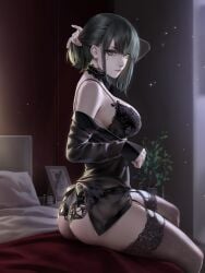 1girls ass big_ass black_eyes black_hair black_lingerie black_thighhighs black_underwear bob_cut breasts character_request choker female fully_clothed highres large_breasts lingerie looking_at_viewer punishing:_gray_raven robot_girl side_view sitting sitting_on_penis solo solo_female thighhighs underwear undressing