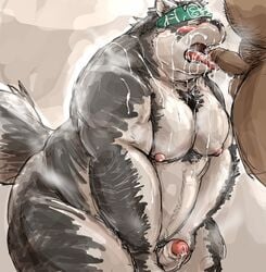 2017 anthro ashigara balls bear blush brown_background canine closed_eyes cum cum_in_mouth cum_inside cum_on_chest cum_on_face duo erection faceless_male furry hand_on_thigh headband horkeukamui human humanoid_penis kotobuki male male_only mammal nipples nude obese oral overweight penis precum simple_background slightly_chubby solo_focus tokyo_afterschool_summoners wolf yaoi