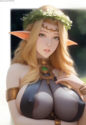 1girls ai_generated areola_slip armlet bare_shoulders big_breasts blonde_hair breasts celestine_lucross celestine_lucullus covered_nipples curvaceous curves curvy curvy_body curvy_female curvy_figure earrings elf elf_ears elf_female elf_girl erect_nipples eyeliner female female front_view green_eyes head_wreath huge_breasts jewelry kuroinu_~kedakaki_seijo_wa_hakudaku_ni_somaru~ large_breasts long_hair looking_at_viewer mature mature_female milf nai_diffusion parted_lips patreon_username pointy_ears pujopg revealing_clothes sideboob sidelocks solo solo_female transparent_clothing