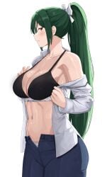 akihitoevon bare_belly belly_button big_breasts black_sports_bra blush breasts brown_eyes cleavage collarbone crusch_karsten green_hair hair_ribbon jeans long_hair long_sleeves open_shirt panty_peek parted_lips ponytail re:zero_kara_hajimeru_isekai_seikatsu shiny_skin shirt sports_bra toned_female underwear