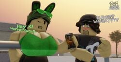 1boy 1girls 3d big_breasts black_eyes black_hair black_shirt bloxy_cola blush bra breasts brown_hair bunny_ears cleavage clothed clothed_female clothed_male commission crimstuff dialogue drink english_text female fully_clothed fully_clothed_female fully_clothed_male green_bra green_hat grey_hat hat holding_object long_hair looking_at_another looking_at_partner male offering_sex one_eye_closed open_mouth outdoors pale-skinned_female pale-skinned_male pale_skin roblox robloxian shirt short_hair shutter_shades soda_can sunglasses sunset surprised t-shirt text watermark white_eyes wink