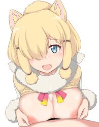 1boy alpaca_suri_(kemono_friends) animal_ears blue_eyes blush breast_hold breasts cum cum_on_body cum_on_breasts cum_on_upper_body female kemono_friends large_breasts latina nipples no_bra open_mouth paizuri peruvian_female smile varitora white_hair