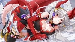 blush bra breasts claws dragon_girl dragon_horns dragon_tail dragon_wings game_cg gray_hair headdress horns horo_(monster_musume) legwear long_hair monster_girl monster_musume_no_iru_nichijou monster_musume_no_iru_nichijou_online official_art red_eyes scales skirt smile tail wings