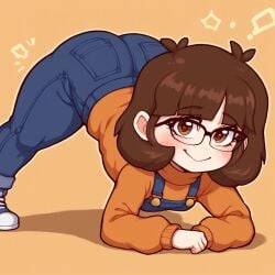 ai_generated ass bizabizow blush brown_hair civitai clothed hips jack-o_pose looking_at_viewer orange_background orange_sweater overalls sfw sweater youtube youtuber youtuber_girl