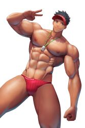 1boy abs absurd_res beauty_mark beefy biceps big_areola big_breasts big_bulge big_eyes black_hair blue_eyes breasts breasts_bigger_than_head broad_shoulders bulge bulge_through_clothing cap clenched_hand collarbone dutch_angle eight_pack frown gay gesture hi_res huge_breasts hunk lifeguard lifeguard_swimsuit looking_at_viewer male male_breasts male_only manly mature_male meisho_hanten mole mole_on_breast mole_on_chin mole_on_stomach mole_under_eye muscles muscular muscular_arms muscular_legs muscular_male muscular_thighs navel oppai original original_character peace_sign pecs pubic_hair quadriceps short_hair six_pack slim_waist smile solo speedo spiky_hair standing swimsuit tan tan_body tanline thick_neck thong topless tough_guy triceps veiny_arms veiny_breasts veiny_legs very_high_resolution whistle whistle_around_neck white_background yaoi