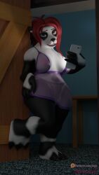 3d_(artwork) anthro ass bear big_breasts big_butt blizzard_entertainment breasts clothing curvy_anthro curvy_figure digital_media_(artwork) electronics female giant_panda hair heterochromia hi_res lingerie mammal nightgown nipples pandaren panties pawpads phone red_hair solo solo_focus thick_thighs underwear warcraft wide_hips xelli