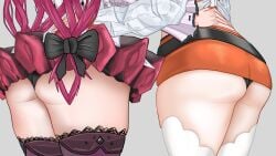 2girls ass ass_focus belt black_belt black_bow black_panties black_skirt bow grey_background hairbow highres hololive hololive_english irys_(hololive) irys_(irys_2.0)_(hololive) long_hair microskirt multiple_girls orange_skirt panties purple_hair purple_skirt purple_thighhighs simple_background skirt takanashi_kiara takanashi_kiara_(1st_costume) thighhighs underwear virtual_youtuber white_thighhighs yahnuko