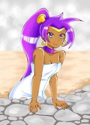 1girls blue_eyes breasts choker circlet deeemperor earrings hoop_earrings in_water looking_at_viewer medium_breasts onsen ponytail purple_hair shantae shantae_(character) towel towel_only water