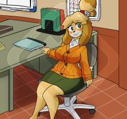 animal_crossing anthro big_breasts book breasts calendar canid canine canis chair clothing diamond_grenadier domestic_dog female furniture hi_res isabelle_(animal_crossing) mammal nintendo office office_chair sitting solo sweater topwear