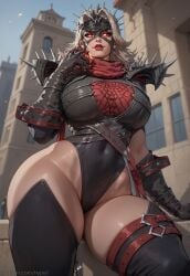 ai_generated big_breasts black_outfit female glowing_eyes hips hypet invisible_woman_(marvel_rivals) looking_at_viewer malice_(marvel) marvel_rivals red_eyes sitting solo sue_storm tagme thick thick_legs thick_thighs thighhighs thighs wide_hips