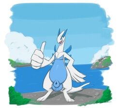 2017 animal_genitalia anthro balls feral flaccid fur hair hi_res legendary_pokemon lugia male male_only nintendo nude open_mouth packmind penis pokemon pokemon_(species) sheath simple_background smile solo standing video_games water white_background