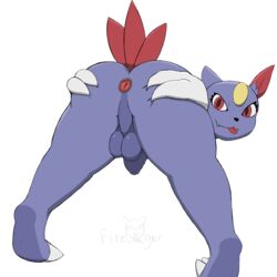 1boy 2017 anthro anus ass blue_fur claws fangs feathers firebadger flaccid fur furry looking_at_viewer looking_back male male_only nintendo nude penis pokemon pokemon_(species) pokemon_gsc presenting presenting_anus presenting_hindquarters rear_view red_eyes red_feathers simple_background smile sneasel solo spread_ass spread_legs spreading standing tail_feathers teeth testicles text tongue tongue_out uncut video_games