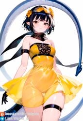 accessory ai_generated anime_style black_gloves black_hair black_scarf bob_cut cleavage_cutout dragon elf_ears eyewear eyewear_on_head garter_straps glasses gloves legs_together no_underwear scarf small_breasts tail yellow_dress yellow_eyes yellow_glasses