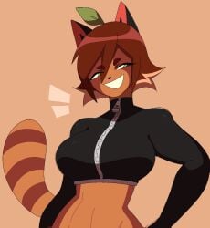 1girls athletic_female big_breasts black_topwear bloodycherrylip bust_portrait ddloveblood dvampiresmile female_focus female_only furry furry_female furry_only green_eyes hand_on_hip hi_res smirk solo_female suki_(dvampiresmile) tanuki tanuki_girl