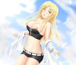 blonde_hair breasts cross_earrings earrings feathers getbackers hevn_(getbackers) open_mouth yellow_eyes