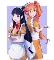 2girls apron athena_cykes black_hair blue_eyes breasts cake clipboard crescent_earrings earrings food gyakuten_saiban holding_clipboard holding_pen holding_tray long_hair looking_at_viewer maya_fey medium_breasts orange_hair pen ponytail senapon side_ponytail tray waitress waitress_uniform