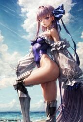 1girls ai_generated alterism ass blue_eyes breasts fate/extra_ccc fate/grand_order fate_(series) highleg_leotard leotard long_hair looking_at_viewer meltlilith meltryllis meltryllis_(swimsuit_lancer)_(fate) one_piece_swimsuit puffy_sleeves purple_hair stable_diffusion standing thick_thighs wide_hips