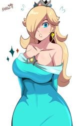 1girls absurd_res arms_behind_back big_breasts blonde_hair blue_dress blue_eyes crown dress earrings female female_only hair_over_one_eye karbuitt long_dress long_hair looking_at_viewer mario_(series) nintendo princess_rosalina solo super_mario_galaxy white_background wide_hips