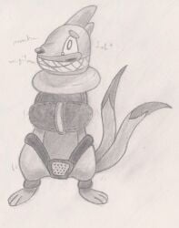 2_tails another_alt anthro bodily_fluids bondage buizel chastity_device feet gag generation_4_pokemon graphite_(artwork) greyscale hi_res male mammal monochrome multi_tail nintendo onomatopoeia pokemon pokemon_(species) restraints simple_background solo solo_focus sound_effects straitjacket tail tears text traditional_media_(artwork) worried