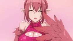 2024 20s animated backless_sweater bird_girl bird_legs bird_wings breasts closed_eyes feathered_wings feathers groping hairdressing harpy kemonokko_tsuushin_~toriko_rupia~ large_breasts monster_girl pointy_ears pubic_hair red_hair rupia_(kemonokko_tsuushin) sound tagme video waking_up wings