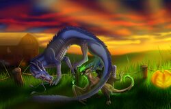 2016 absurd_res angelo_(siperianhusky) animal_genitalia animal_penis barn diphallia diphallism dragon eastern_dragon fellatio female feral fire grass halloween hemipenes hi_res holidays male multi_penis oral original_character penis pumpkin reptile scalie sex shadarrius size_difference size_play straight sunset tongue tongue_out tractor