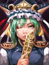 ;( blue_vest closed_mouth cum cum_on_hair eiki_shiki facial female green_eyes green_hair hat jubakurei looking_at_viewer rod_of_remorse serious shoulder_pads solo touhou upper_body vest