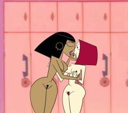 2023 2girls big_ass big_breasts cleopatra_smith clone_high egyptian joan_of_arc_(clone_high) kissing locker_room nude pizzalazerbot surprised tongue yuri