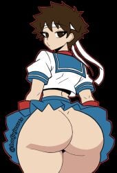 1girls ass ass_focus badjujuarts big_ass bottomless bottomless_skirt brown_eyes brown_hair capcom from_behind gloves headband huge_ass looking_at_viewer looking_back sakura_kasugano school_uniform schoolgirl short_hair skirt skirt_lift street_fighter thick thick_ass thick_thighs tomboy