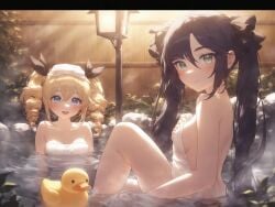 2girls :d absurd_res ai_generated barbara_(genshin_impact) bare_arms bare_shoulders bathing black_hair black_ribbon blonde_hair blue_eyes blush breasts closed_mouth collarbone covering_privates drill_hair fence from_side genshin_impact green_eyes hair_between_eyes hair_ribbon hand_on_own_chest holding_towel knee_up lamp lantern letterboxed long_hair looking_at_viewer looking_to_the_side medium_breasts ministro mona_(genshin_impact) multiple_girls naked_towel nude nude_cover onsen open_mouth outdoors partially_submerged purple_hair ribbon ripples rock rubber_duck sideboob sidelocks sitting small_breasts smile soaking_feet steam teeth thighs towel towel_on_head twin_drills twintails upper_teeth_only very_long_hair water wet wooden_fence