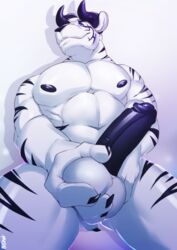 anthro ball_grab balls black_nipples black_penis blue_eyes circumcised claws erection feline fur hi_res horn humanoid_penis looking_at_viewer male male_only mammal muscular mystikfox61 nipples nude pecs penis red_winds simple_background smile smirk solo stripes tiger vein white_background white_fur