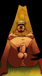 absurd_res anthro anus balls barry_bear_(thekbear) bear beard body_hair chest_hair clothing duo facial_hair foreskin genitals hat hat_only hat_over_eyes headgear headgear_only headwear headwear_only hi_res humanoid_genitalia humanoid_penis male male/male male_anthro mammal mostly_nude nipples penis pubes thekinkybear