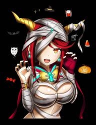 1girls bandage_over_one_eye bandages breasts core_crystal earrings fake_horns fenrirvancross fingerless_gloves horns large_breasts looking_at_viewer mummy_costume nintendo pyra red_eyes red_hair short_hair single_glove tiara xenoblade_(series) xenoblade_chronicles_2