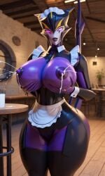 1robot_girl 3d big_breasts breasts giantess glowing_eyes lactating looking_at_viewer maid maid_apron maid_outfit metallic_body milk nipples no_bra panties purple_body purple_eyes purple_nipples robot_humanoid roger1011 thick_thighs transformers_prime