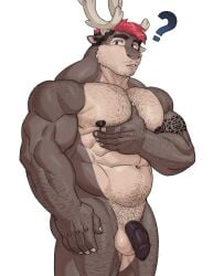 2024 abs alternate_form anthro antlers arm_tattoo balls biceps black_hair blue_eyes body_hair chest_hair deer deltoids flaccid forearm_muscles fur genitals grey_body grey_fur hair hi_res highlights_(coloring) horn husky_(husky92) imato male mammal multicolored_body multicolored_fur new_world_deer nipples nude pec_grab pecs penis pink_highlights question_mark reindeer solo stubble tan_body tan_fur tattoo two_tone_body two_tone_fur