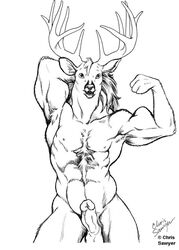 1boy abs anthro cervine chris_sawyer deer erection furry male male_only mammal monochrome muscular penis solo solo_focus testicles text watermark