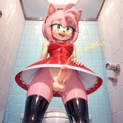 ai_generated amy_rose balls ballsack bathroom from_below_view furry latex_stockings looking_satisfied peeing peeing_while_erect penis_under_skirt shiny_clothes shiny_skin skindentation sonic_the_hedgehog_(series) tiled_wall toilet watersports