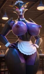 1robot_girl 3d big_breasts breasts giantess glowing_eyes looking_at_viewer maid maid_apron maid_outfit metallic_body nipples no_bra panties purple_body purple_eyes purple_nipples robot_humanoid roger1011 thick_thighs transformers_prime