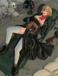 astra_militarum battlefield death_korps_of_krieg guardswoman_(warhammer_40k) gun helmet highres imperial_guard imperium_of_man magazine_(weapon) rifle sandbag skull thighhighs warhammer_(franchise) warhammer_40k weapon