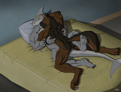 anthro bed bedroom biceps canine fish fur furry gay german_shepherd kevindragon male marine muscles no_humans shark