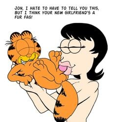 1boy 1girls closed_eyes duo english_text erection feline fellatio female garfield_(series) garfield_the_cat larger_female liz_wilson male sex size_difference smaller_male smile straight text white_background zoophilia