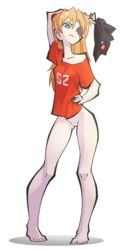 asuka_langley_sohryu barefoot blonde_hair blue_eyes bottomless clothing eye_patch female female_only hair_ornament hat human long_hair looking_at_viewer neon_genesis_evangelion off_shoulder pussy rebuild_of_evangelion solo standing the_pink_pirate