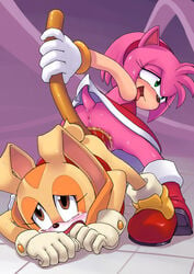 2girls amy_rose anthro anus ass bent_over blush clothed_sex cream_the_rabbit crying crying_with_eyes_open cum drool female from_behind fucked_silly fur furry gloves hammer hedgehog large_insertion no_panties object_insertion penetration piko-piko_hammer piko_piko_hammer saliva sega sex smile sonic_(series) straight_hair sweat tear tojyo upskirt yuri